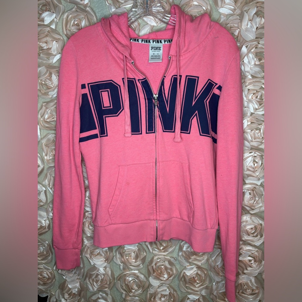 PINK Victoria Secret Pink Zip Up Hoodie with Blue Logo